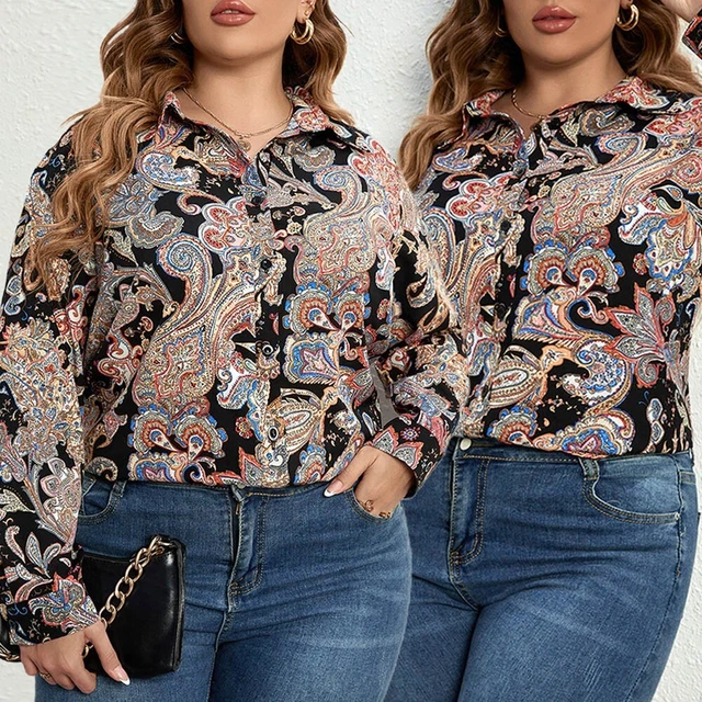Haut Revers Long Desseré Grande Taille Imprimé Standard Chemise Manche Ressort