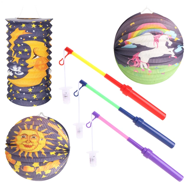 6-teiliges Laternen-Set - Papierlaternen & Stäbe mit LED-Licht für Sankt Martin