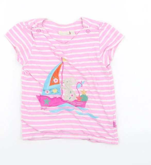 JoJo Maman Bébé Girls Pink Striped 100% Cotton Jersey T-Shirt Size 4-5 Years R