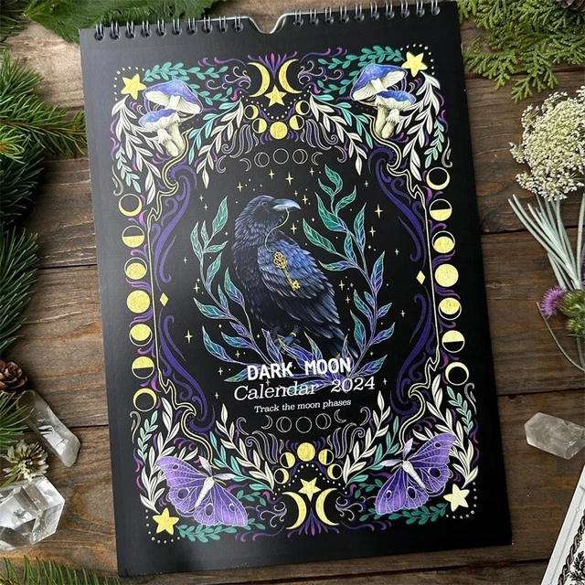 A4 SIZE DARK Moon Calendar 2024 Moon Phase Wall Calendar with 12