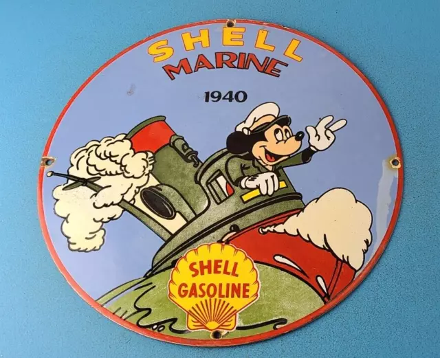 Vintage Shell Gasoline Porcelain Mickey Mouse Gas Marine Service Pump Plate Sign