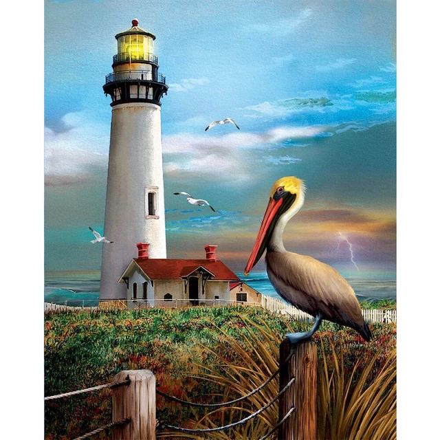 Kit artesanal de pintura al óleo de pájaros y faro pintado a mano por números imágenes