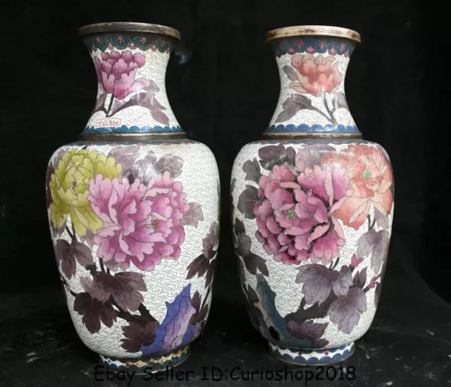 12.8" Old Chinese Cloisonne Enamel Silver Dynasty Palace Flower Bottle Vase Pair