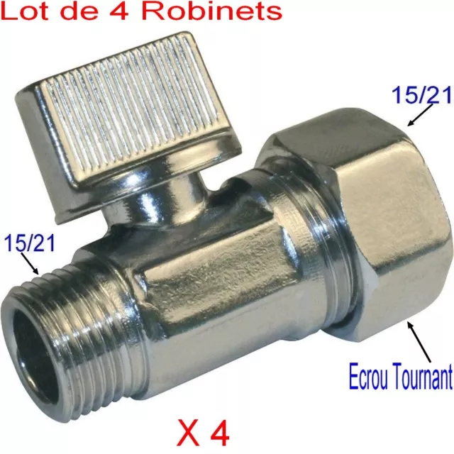 4 Robinets d'Arrêt Laiton,1/2, Droit, Mâle Femelle,15/21,Toilette,WC,Chasse Eau