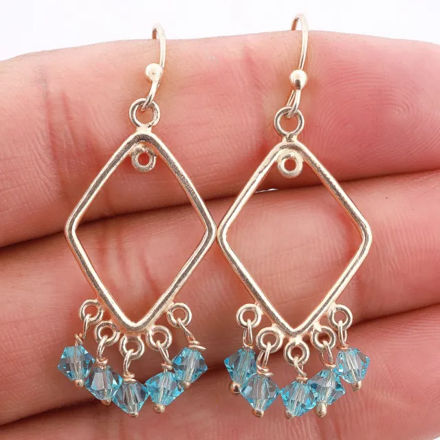 Azul Cristal Cuentas Pendientes Chapado en Oro Rosa 925 Plata de Ley Pendientes