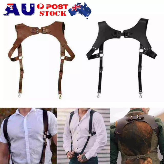 Black Vintage Leather Suspenders Braces Shoulder Strap Belt Harness For Men  