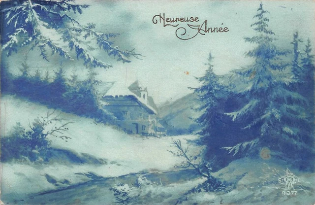 CP Ancienne / Carte Postale Fantaisie Gaufrée / Village Sous La Neige / Années 1900