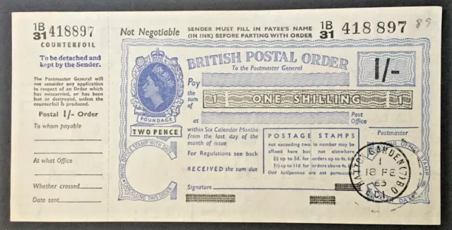 1963 QEII British Postal Order 1/- One Shilling