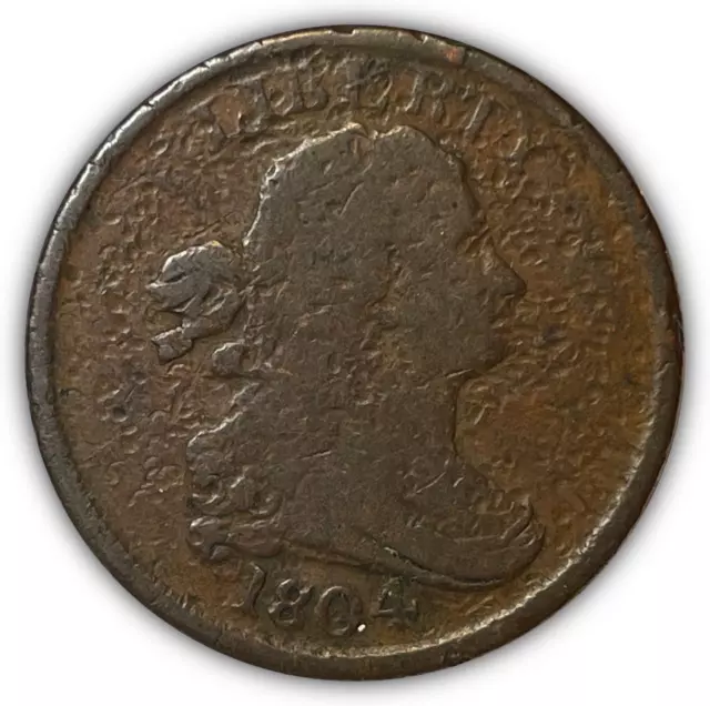 1804 Crosslet 4, Stems Draped Bust Half Cent Fine F Coin, Details #6485