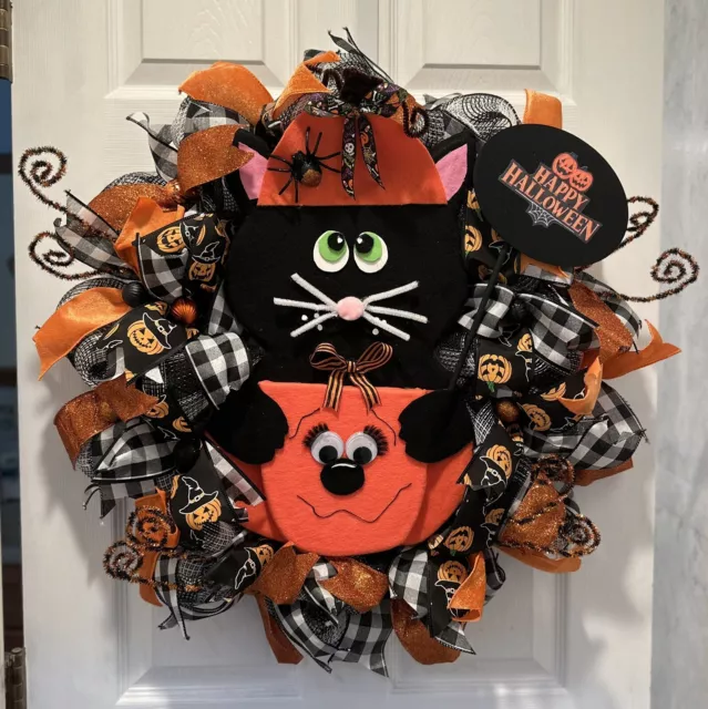 Black Cat Happy Halloween Pumpkin Jack o Lantern Wreath XL Spooky Scary Cute Fun