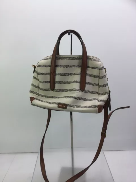 Fossil Off-White/Black Striped & Brown Faux Leather Zip Around Convertible Bag