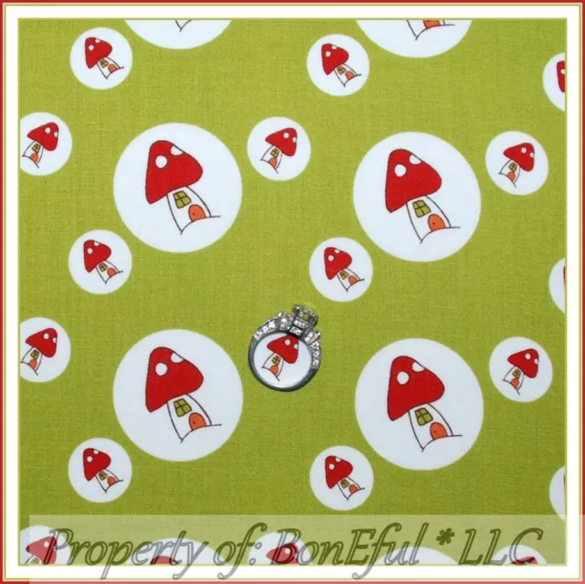 BonEful FABRIC FQ Quilt Green Red White Mushroom Garden Fairy Santoro Polka Dot