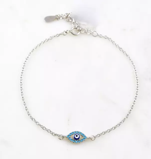 925 Sterling Silver Evil Eye Blue Turquoise Stone Greek Mati Nazar Bracelet