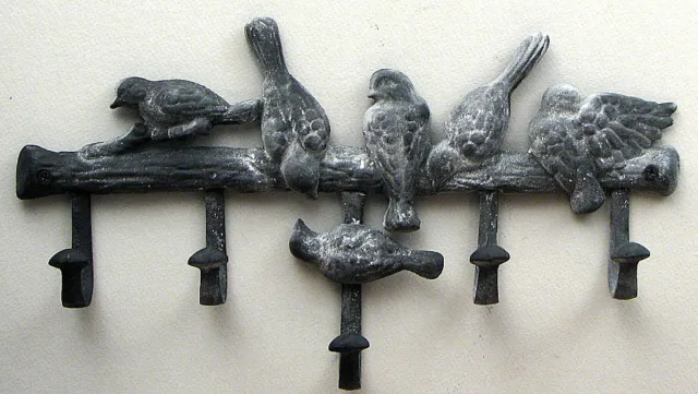 Six Birds On  Wall Hook Hanger Cast Iron Gray Finish  15" L. x 8"  Bath Kitchen