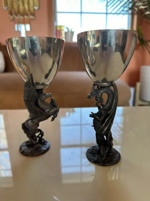 VTG 1980’s Pewter Goblets Fantasy Glass Wine Goblet Two Count Dragon Pegasus