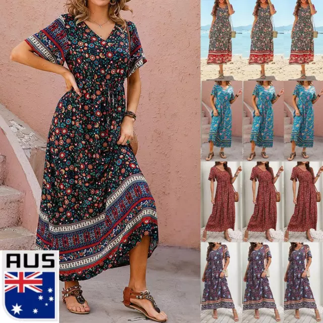 Womens Boho V Neck Maxi Dress Ladies Summer Holiday Beach Long Sundress Dress AU