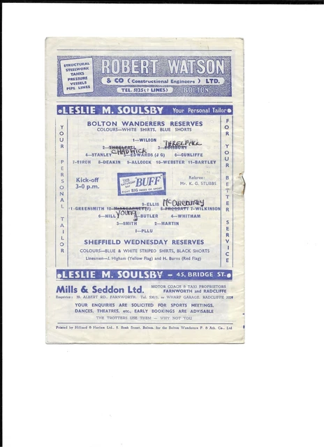 Bolton Wanderers Reserves V Sheffield Wednesday Reserves 1956 57 5 43
