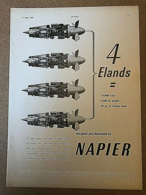 1954 Vintage Aircraft Advert 4 ELANDS NAPIER BRITISH TURBOSHAFT GAS TURBINE