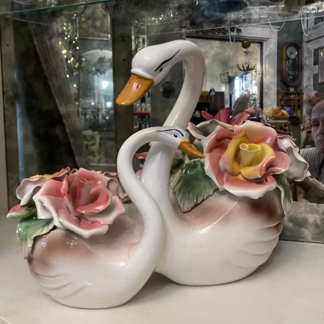 Capodimonte figurine pair swans w hand-modeled porcelain roses 14in long 10.5in