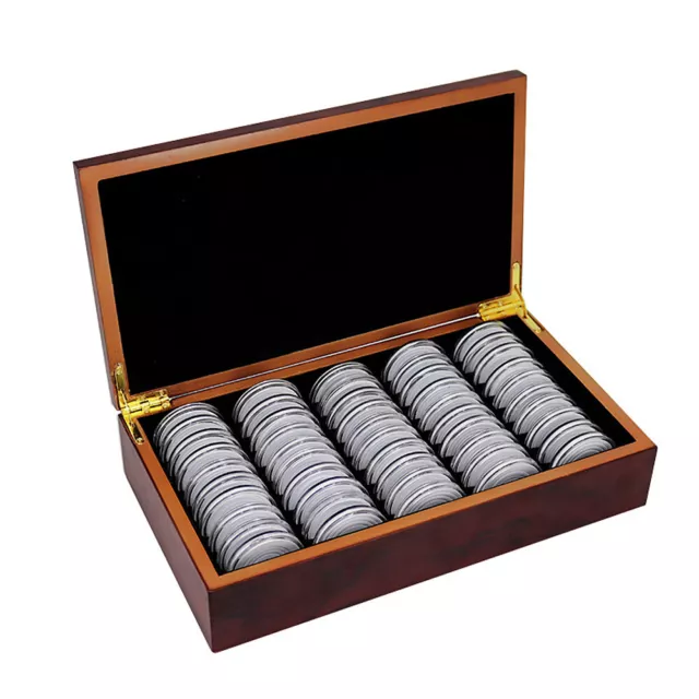 50X 46MM Coin Capsules Storage Box with Wooden Case Holder Collection Display 3