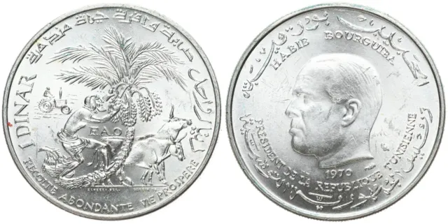 Tunisia - 1 Dinar, 1970 25. Anniversary - Fao Silver 0.680, 18g, Ø 32mm Km#302