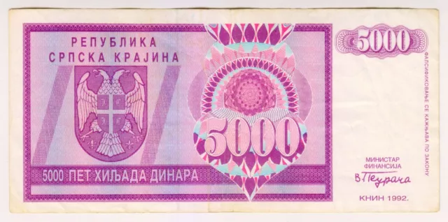 1992 Croatia War Krajina 5000 Dinara - Low Start - Paper Money Banknotes
