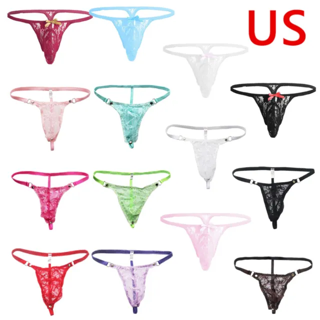 US Men Sexy Floral Lace Low Rise Sissy Pouch Jockstrap G-String Thongs Underwear