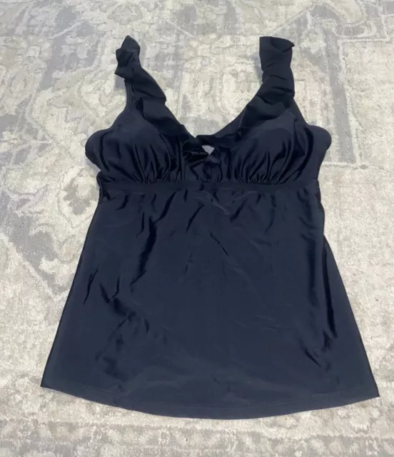 New Womens DKNY Ruffle Front V Neck Black Padded Tankini Swim Top Only Sz Large