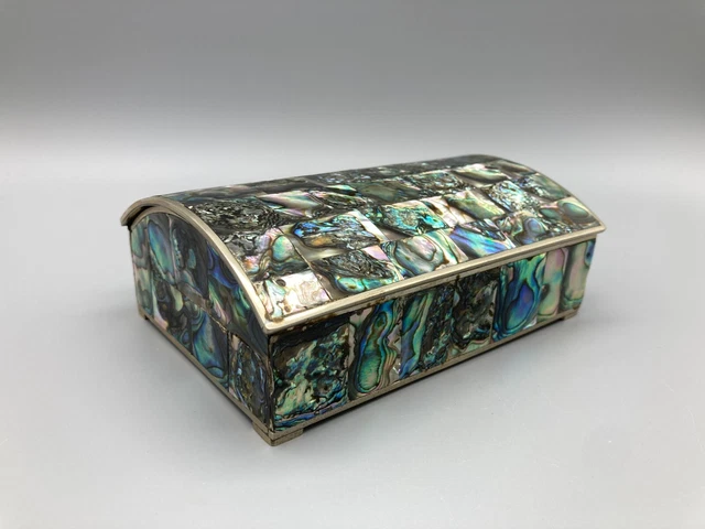 Vintage Mexican Alpaca Silver & Abalone Wood Lined Footed Trinket Box~ 5.5" x 4"