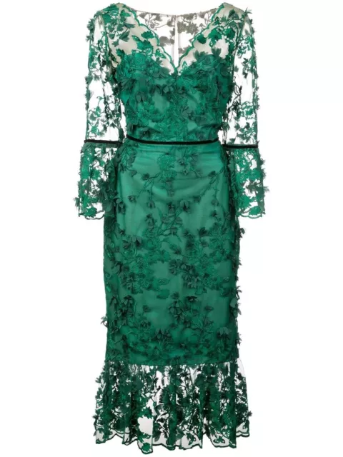 Marchesa Notte Green Embroidered Tea Length Fit Flare Flower Dress Sz 2 NWT $795