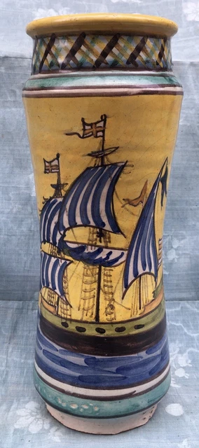 Albarello Italie 19è XIXè Pot Apothicaire Faïence polychrome Bateau rare ancien