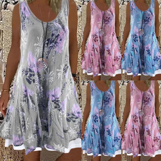 Women Summer Boho Floral Sleeveless Vest Dress Ladies Double Layer Loose Dresses