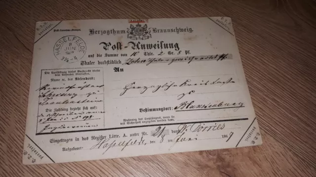 Herzogthum Braunschweig antik Post Anweisung nach Blankenburg 1867