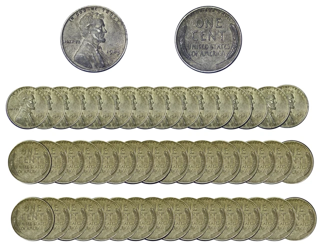 1943 Lincoln Wheat Cent Mixed  Steel Pennies of 50 US Coins - XF Condition ( SP