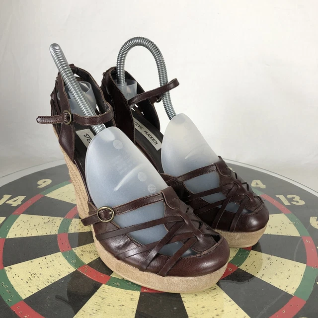 Steve Madden Refined Brown Strappy Leather Wedge Heel Mary Jane Shoes Women 7.5