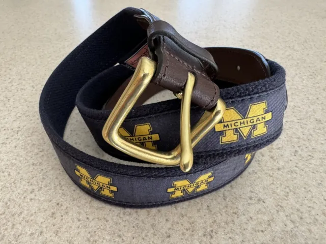 Vineyard Vines Michigan Wolverines Canvas Leather Belt Brass Buckle Mens Sz 38