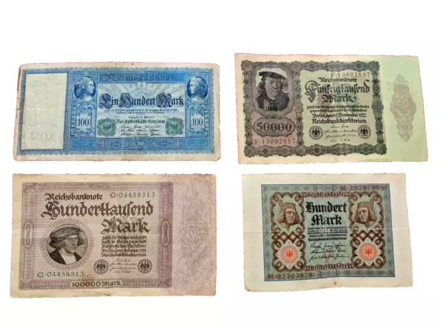 Deutsches Reich - Reichsbanknoten - 100.000 - 50.000 - 100 und 100 Mark 4 er Lot