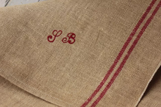 1 single French linen hemp LB monogram towel kitchen cloth unused vintage