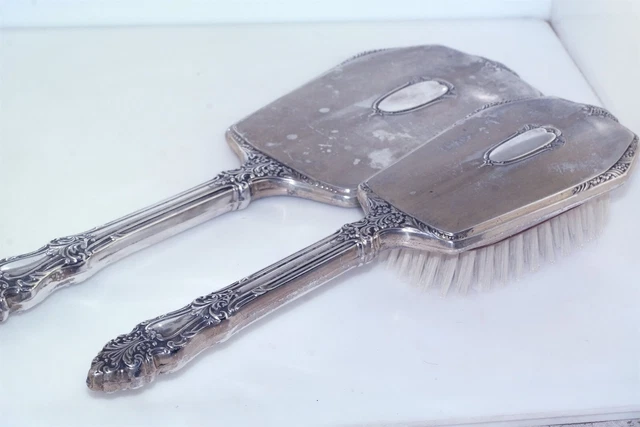 Vtg Pair Sterling Silver Vanity Brush Mirror Set