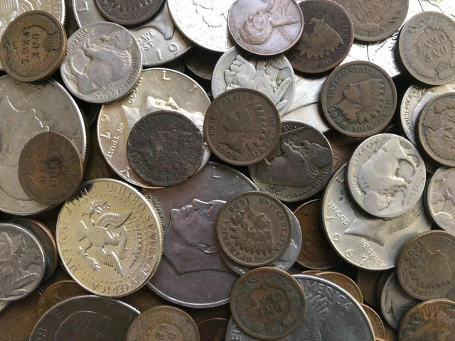 Coin Grab Bag Lot Of Old Silver Half Dollars, Nickels, Wheat Cents, Ike Dollars
