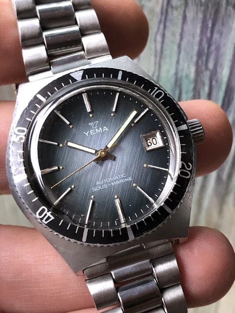 Montre Automatique YEMA Plongée Vintage FE 3611 - Cadran Bleu, Bracelet Caoutchouc Neuf - Années 1970