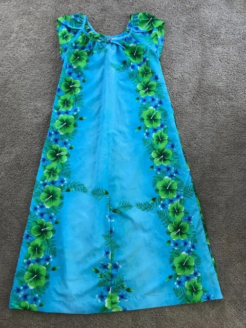 Vintage Aloha Hilo Hattie Short Sleeve Floral Muumuu Turquoise Hawaiian Sz L