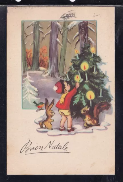 Cartolina Buon Natale Bambino Albero Coniglio Scoiattolo Bosco Z1273