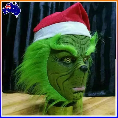 The Green Full Head Latex Mask Wig And Xmas Hat Monster Costume Holloween 2021