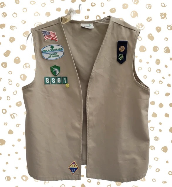 GIRL SCOUT CADETTE Senior Vest Uniform Beige With Badges and Pins Size