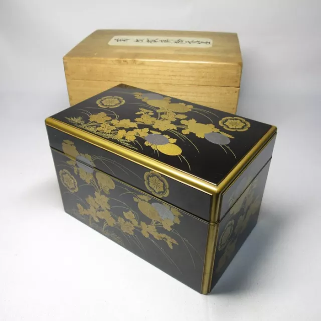 G1906: High-class Japanese old lacquer ware incense utensils box w/great MAKIE