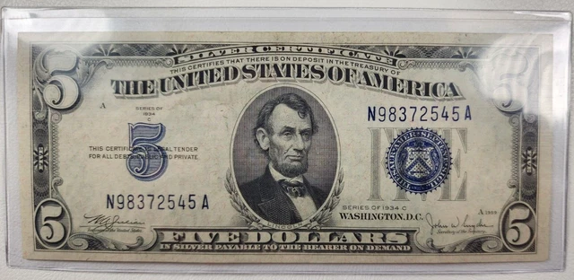 1934-C U.S. Five Dollar Silver Certificate - Blue Seal