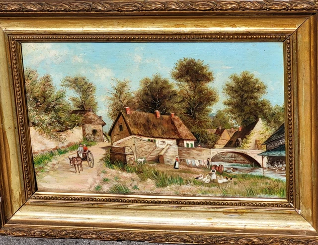 Tableau Ancien Huile Sur Toile Signée Lucien Mengaud – Paysage Campagnard Animé – École Française 1853 – À Restaurer