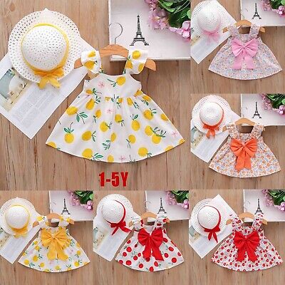 Toddler Baby Kids Girls Suspenders Lemon Floral Print Princess Dress+Hat Outfits