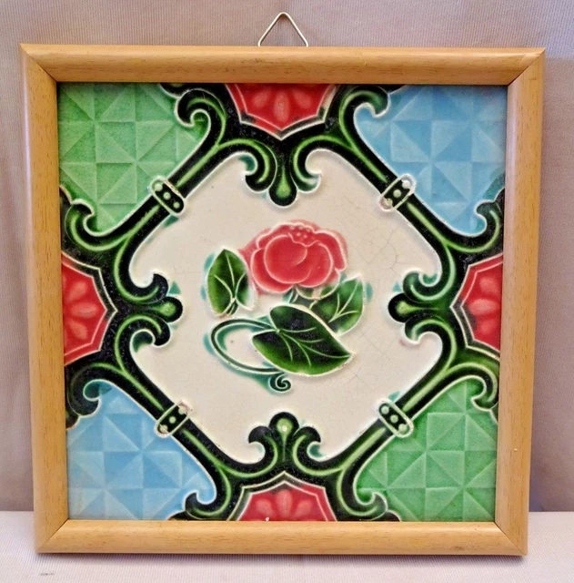 Antique Tile Majolica Japan Art Nouveau Architecture Geometric Rose Flower #416